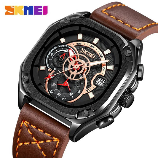 Quartz Wristwatch Mens Casual Genuine Leather Strap  9313 - SKMEI